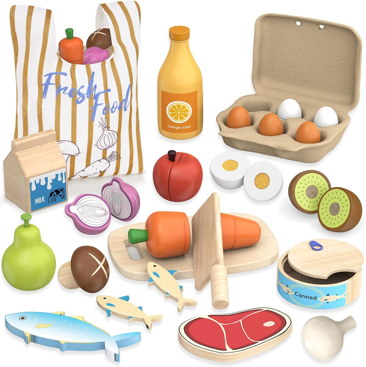 Wooden Play Food Toys para Kids - Pretend Play Kitchen Accessories Toy Set