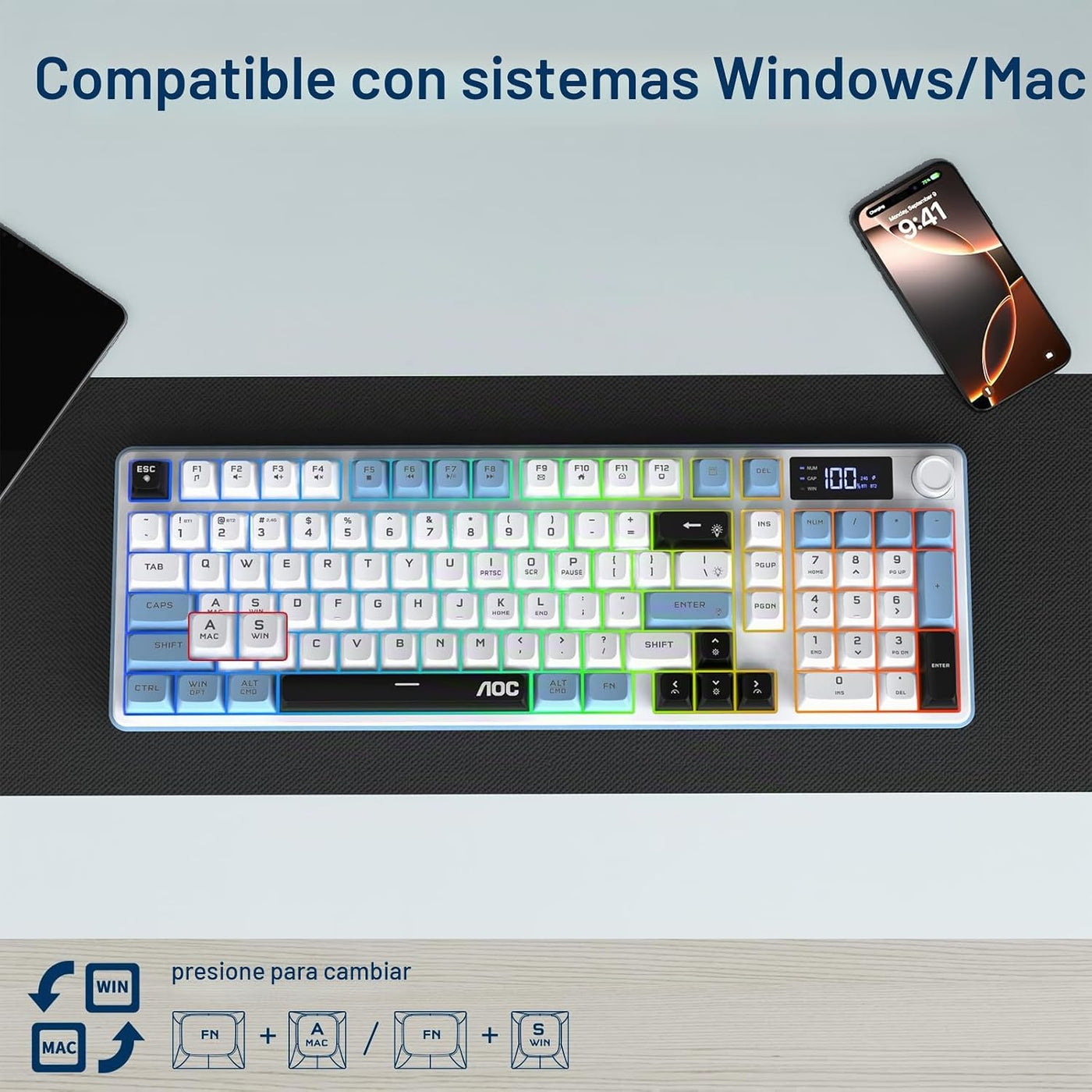 AOC GK210 Teclado inalámbrico para juegos con pantalla y perilla, t...