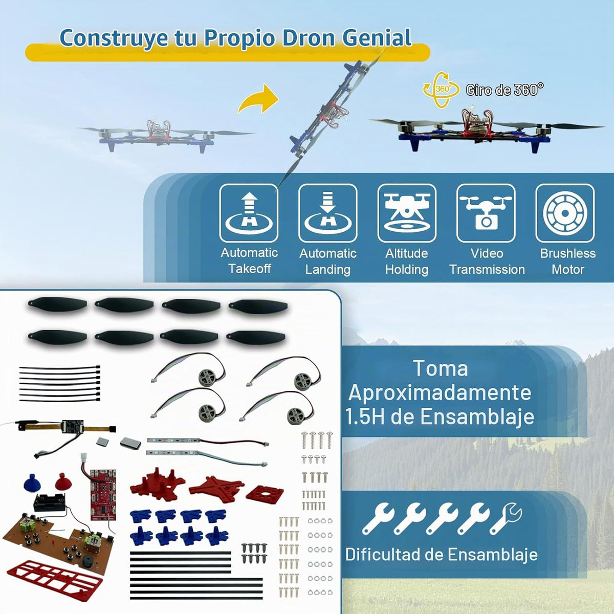 Kit de dron DIY con motor sin escobillas y cámara dual, proyecto de construcción STEM con flujo óptico flotante, giros de 360°, controles de un solo clic para que los principiantes aprendan ingeniería