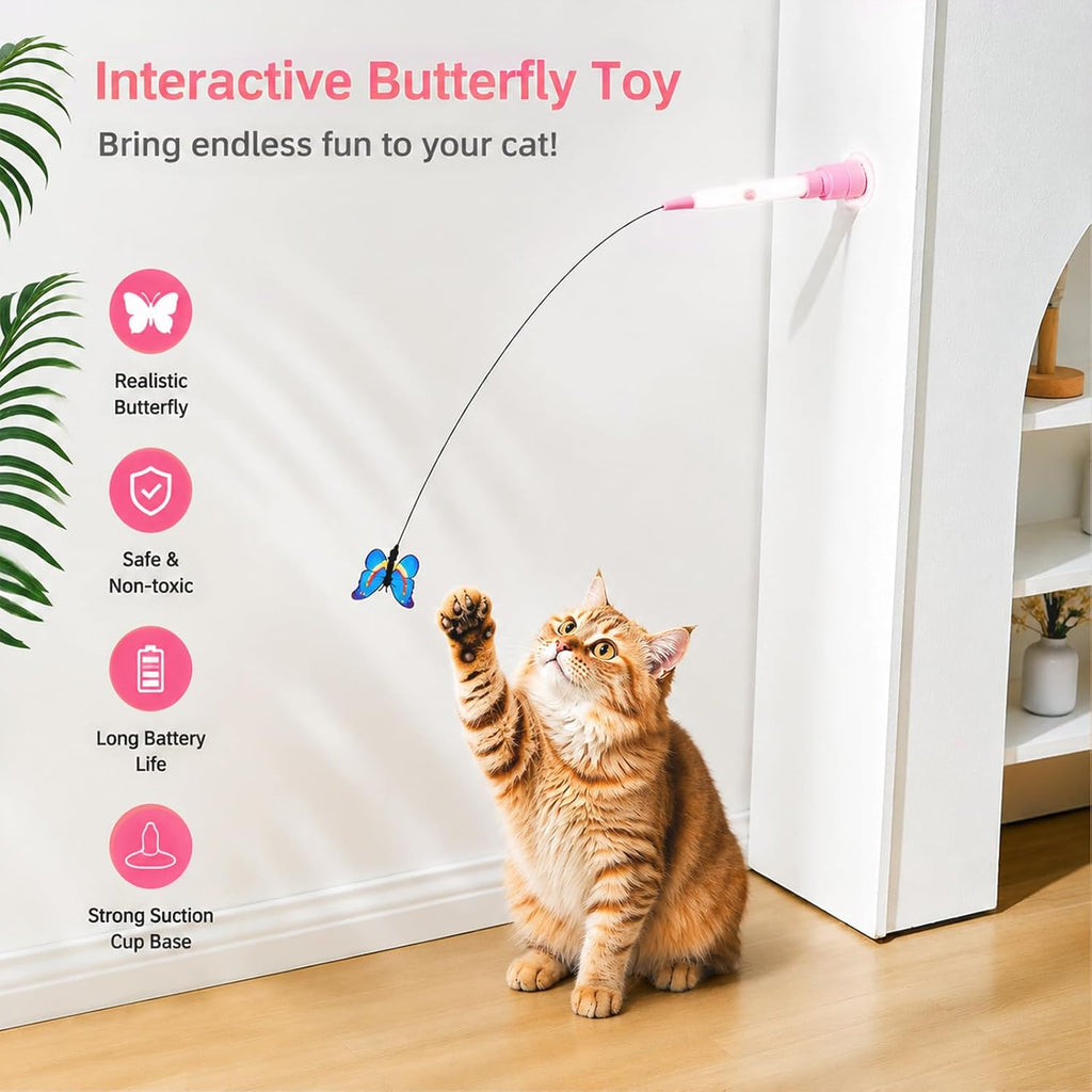 Varita eléctrica de mariposa para gatos de interior, juego automático giratorio de 360 grados con 2 modos y toque para despertar, base de succión lavable recargable, 3 recambios de mariposa