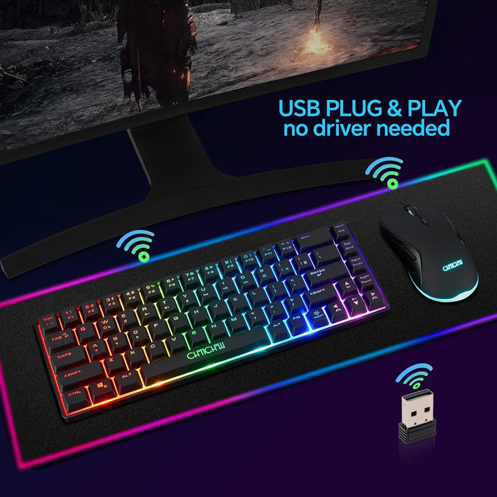 CHONCHOW Combo de teclado y mouse inalámbricos 60 % para juegos, re...