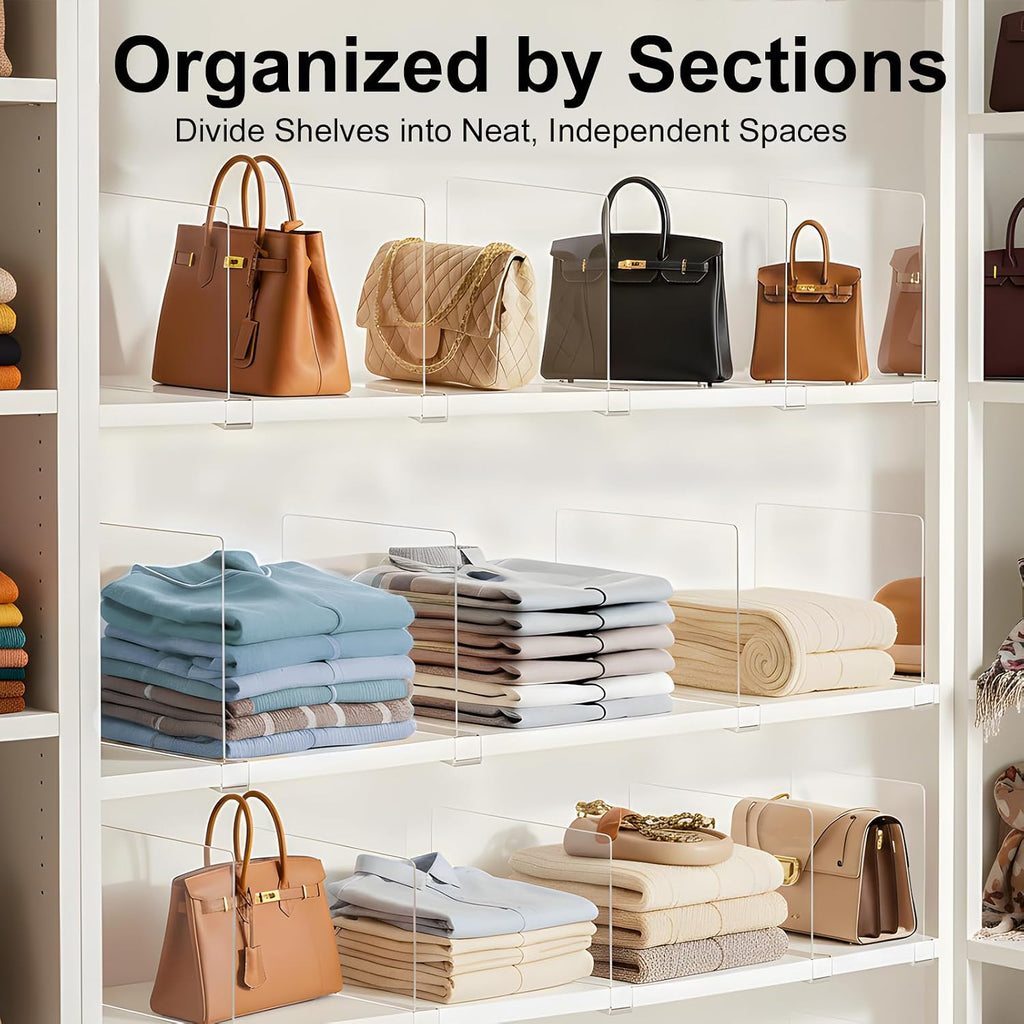 Organizador de bolso para divisores de estantería de armario: acrílico transparente 8-pack