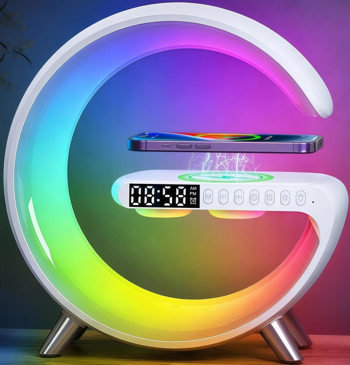Lámpara Lámpara de mesa LED inteligente con altavoz Bluetooth, cargador inalámbrico rápido, luz nocturna RGB, reloj despertador de amanecer y control de aplicación, lámpara de ambiente de cabecera para
