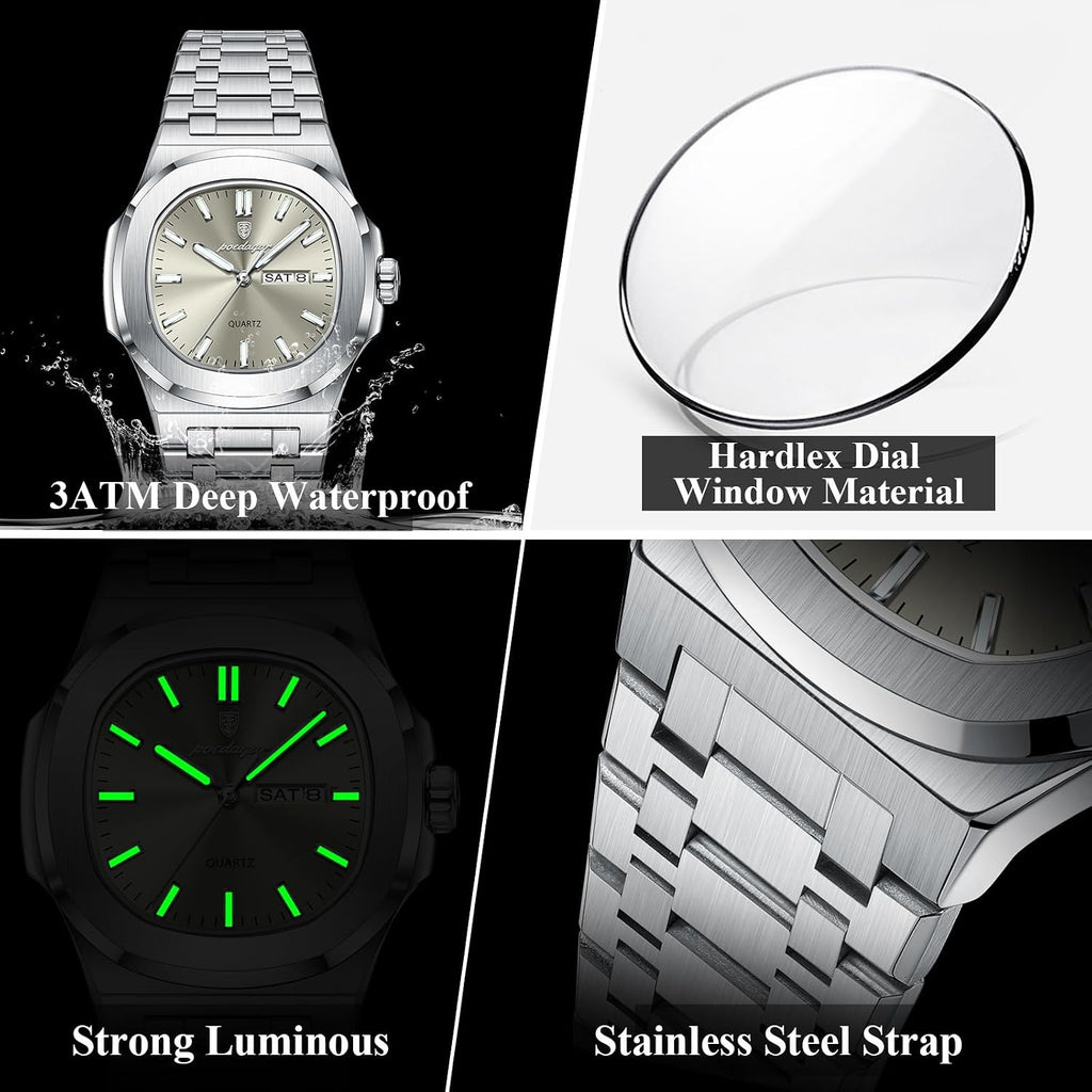 Poedagar Relojes de cuarzo para hombre, de moda, cuadrado, clásico, impermeable, luminoso, fecha, semana, acero inoxidable, reloj de pulsera para hombre