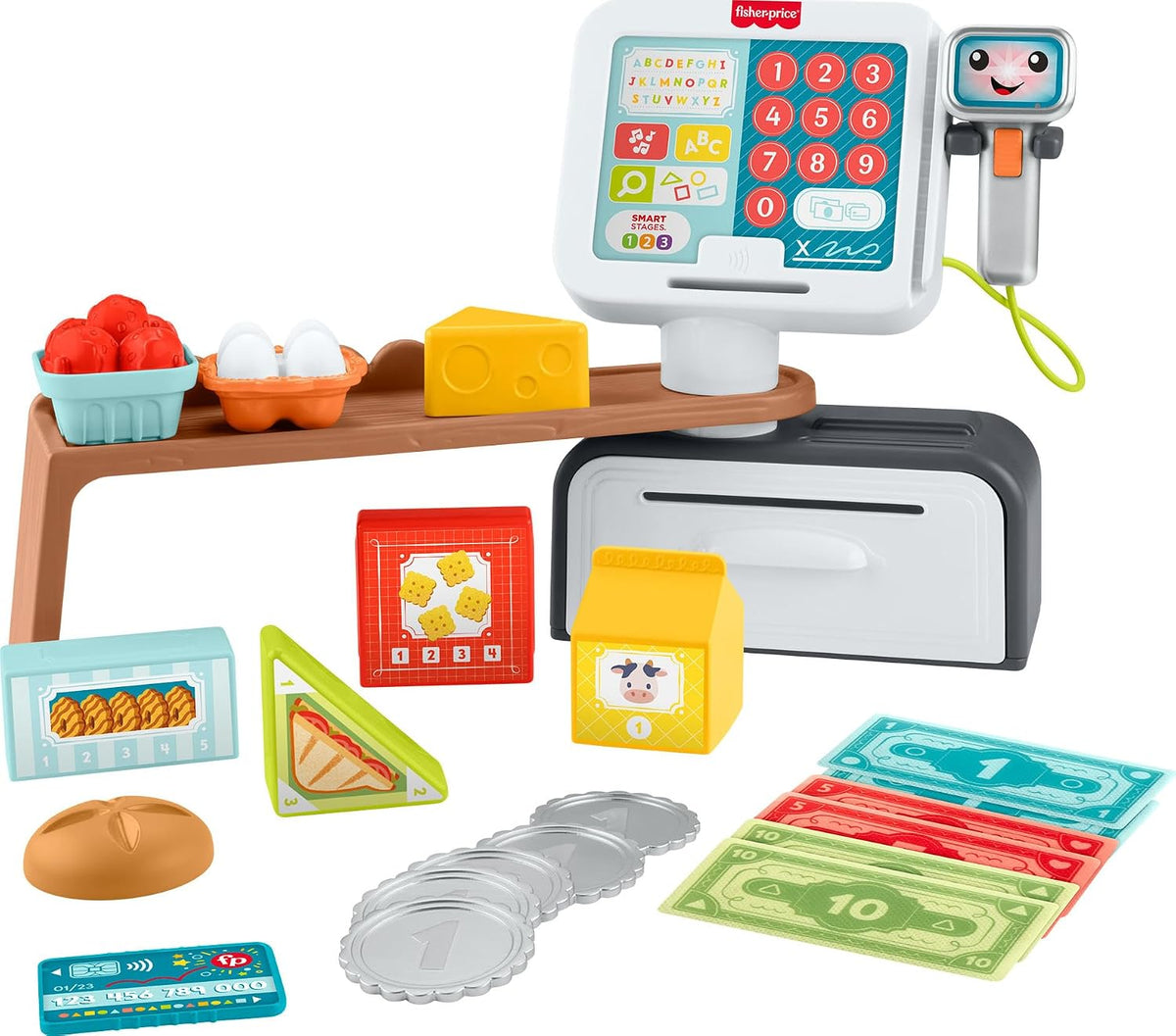 Fisher-Price Juguetes de aprendizaje para niños pequeños Laugh & Learn Contar y Comprar Caja registradora de tienda de juego con 20 piezas para juego de simulación para niños de 2+ años