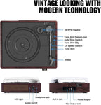 Tocadiscos de vinilo con receptor Bluetooth integrado y 2 altavoces estéreo, 3 velocidades, tamaño portátil retro para entretenimiento y decoración del hogar