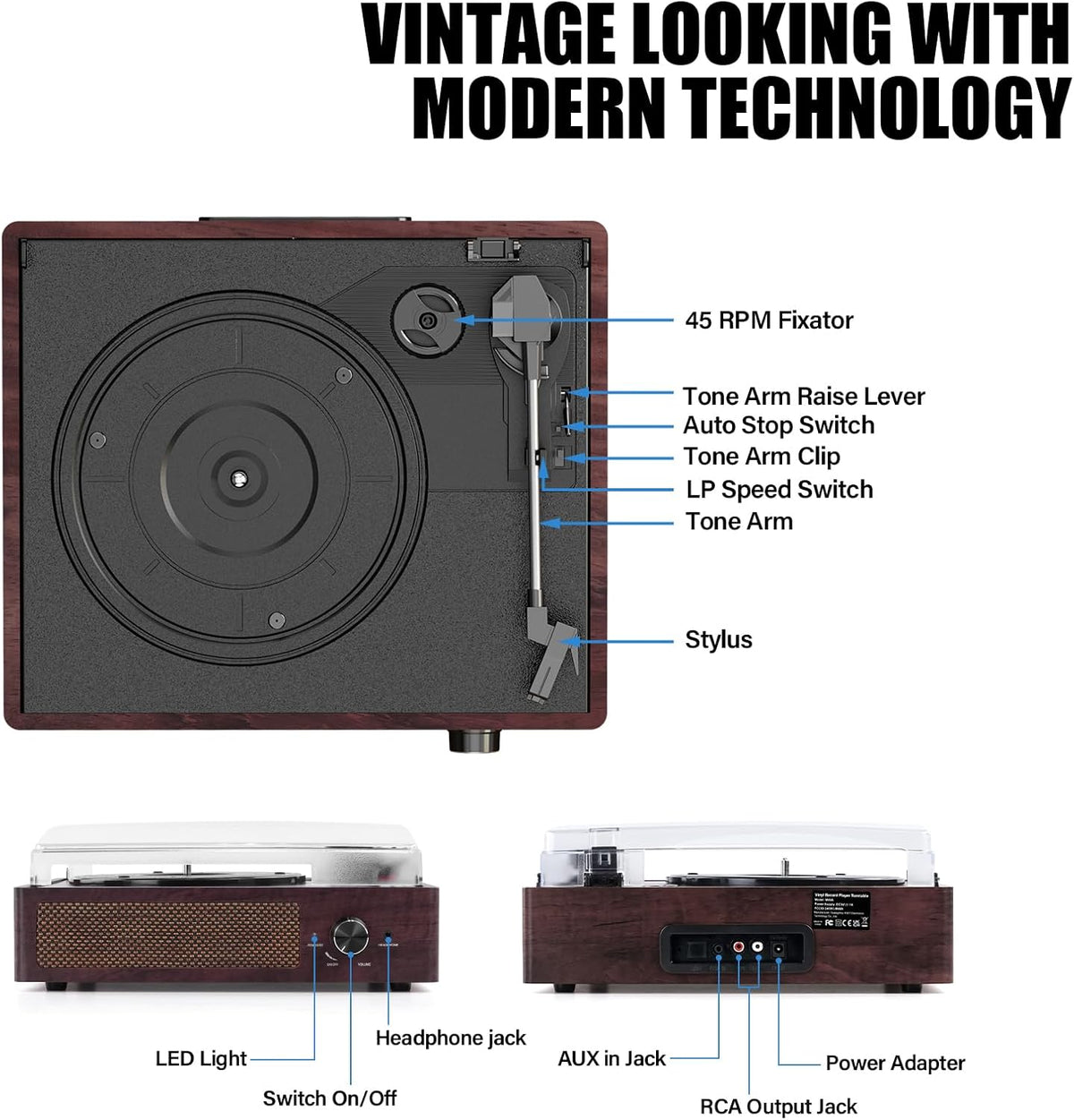 Tocadiscos de vinilo con receptor Bluetooth integrado y 2 altavoces estéreo, 3 velocidades, tamaño portátil retro para entretenimiento y decoración del hogar