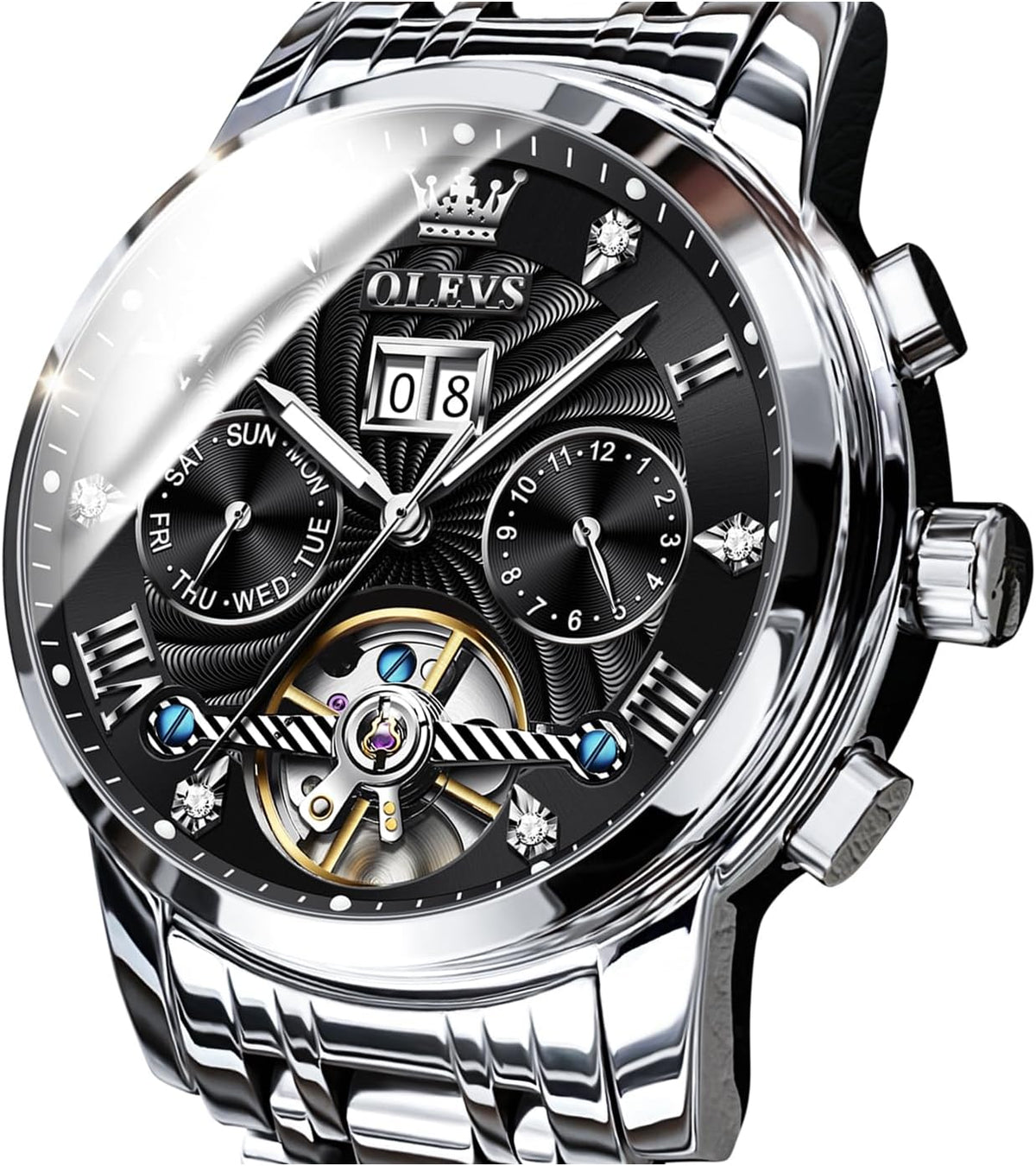 OLEVS - Reloj automático para hombre con diseño de esqueleto de 5 manecillas, clásico, de lujo, multicalendario, de acero inoxidable, impermeable, para hombre
