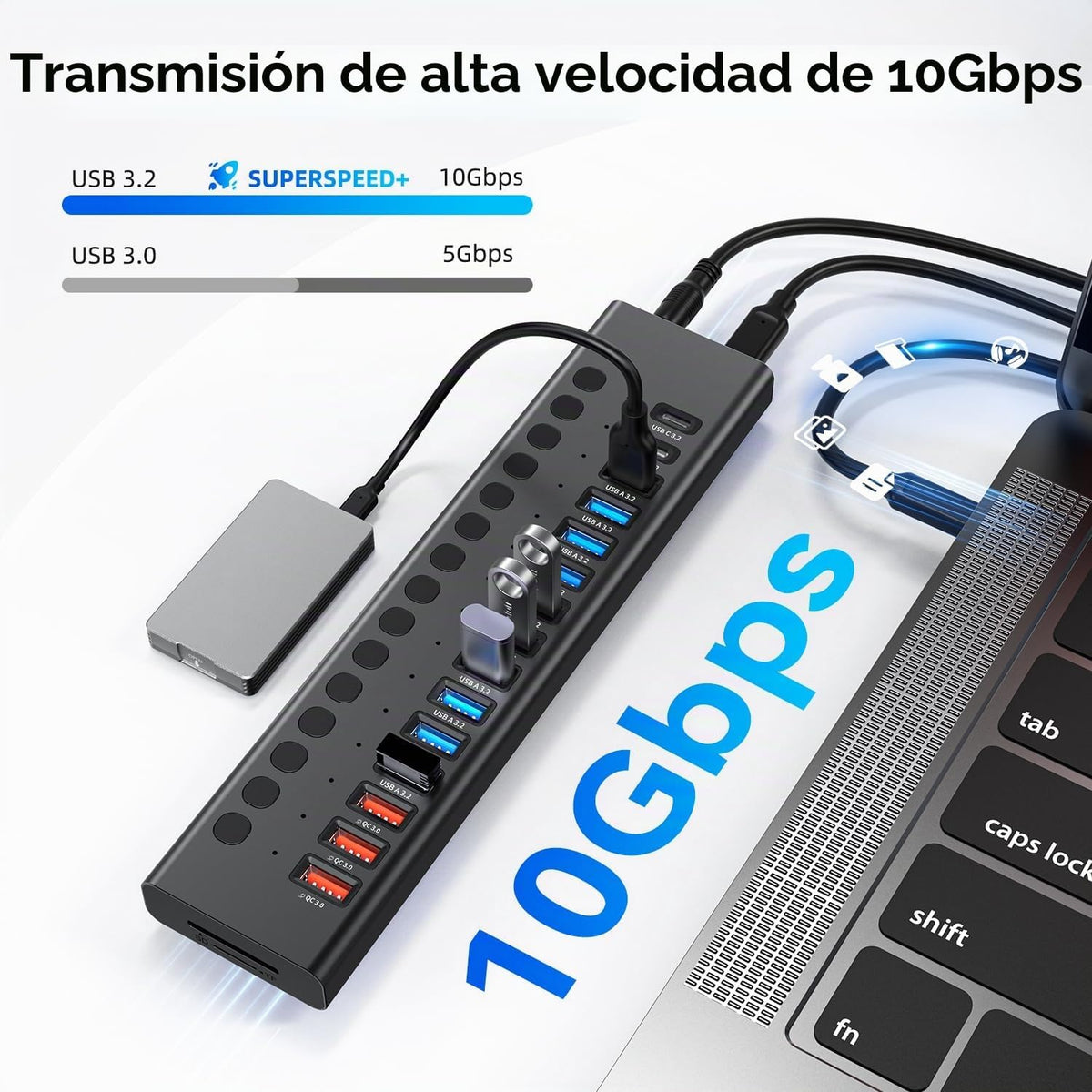 VANGREE, MK1-1200800C8, hub USB 3.2 de 17 puertos, alimentado, adaptador 12V/8A