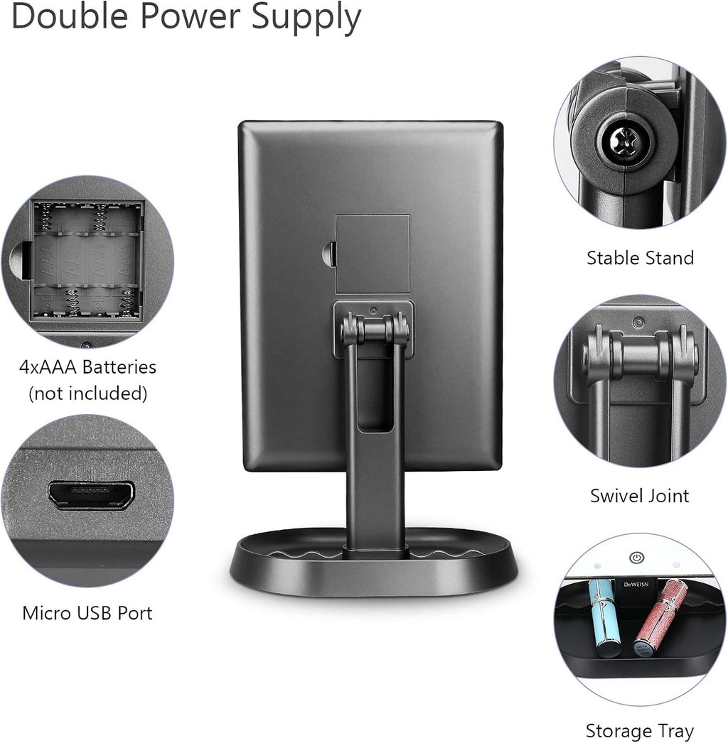 Espejo de maquillaje con iluminación triple con 21 luces LED, aumento 1x/2x/3x y atenuación de pantalla táctil, dos fuentes de alimentación, espejo de maquillaje, regalo para mujeres