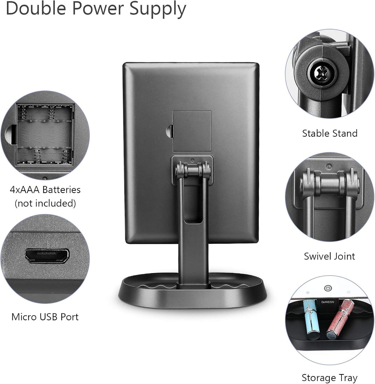 Espejo de maquillaje con iluminación triple con 21 luces LED, aumento 1x/2x/3x y atenuación de pantalla táctil, dos fuentes de alimentación, espejo de maquillaje, regalo para mujeres