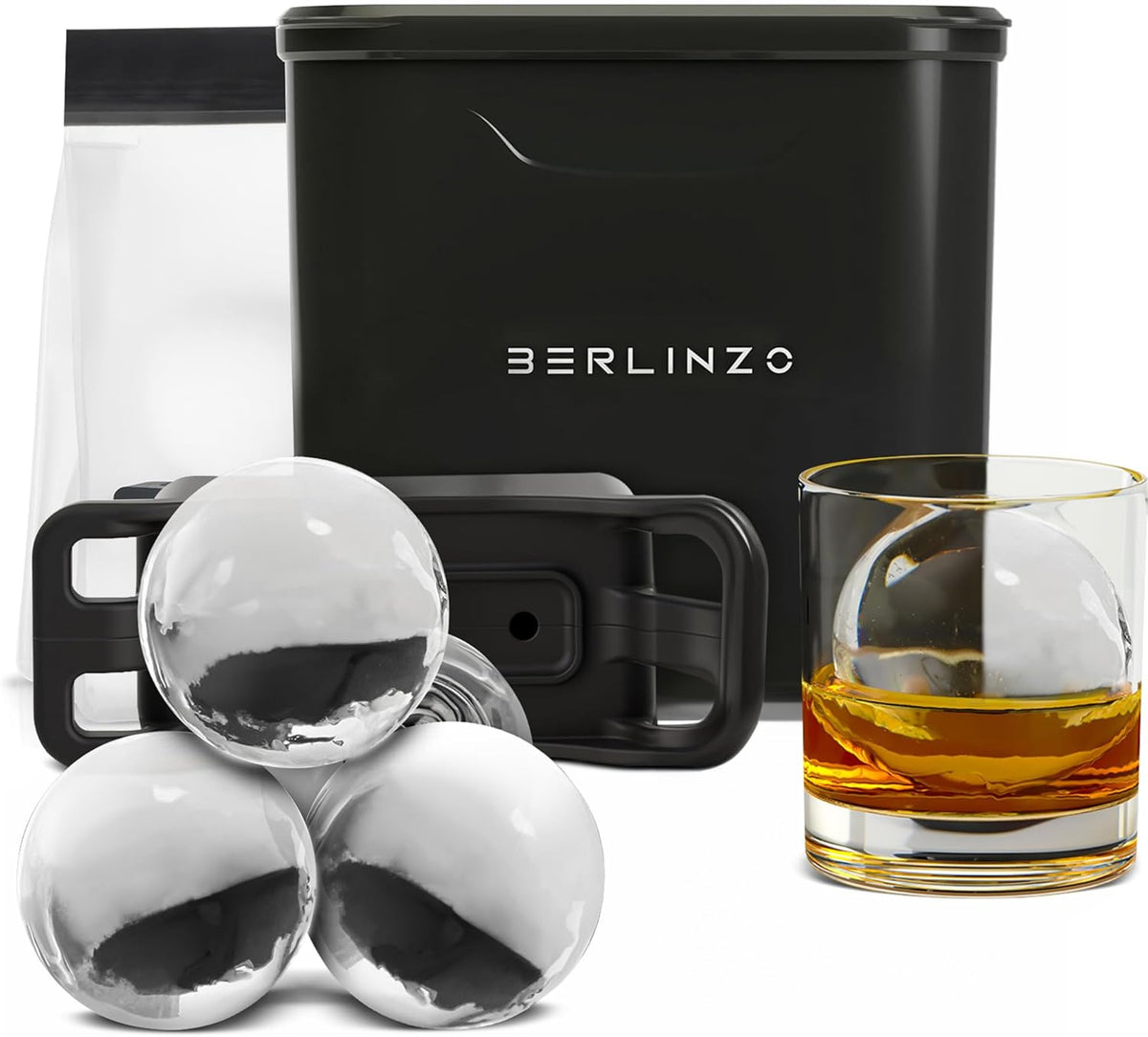 Berlinzo - Molde para hacer bolas de hielo, 2 esferas de whisky transparentes de 2.4 pulgadas, no eléctrico