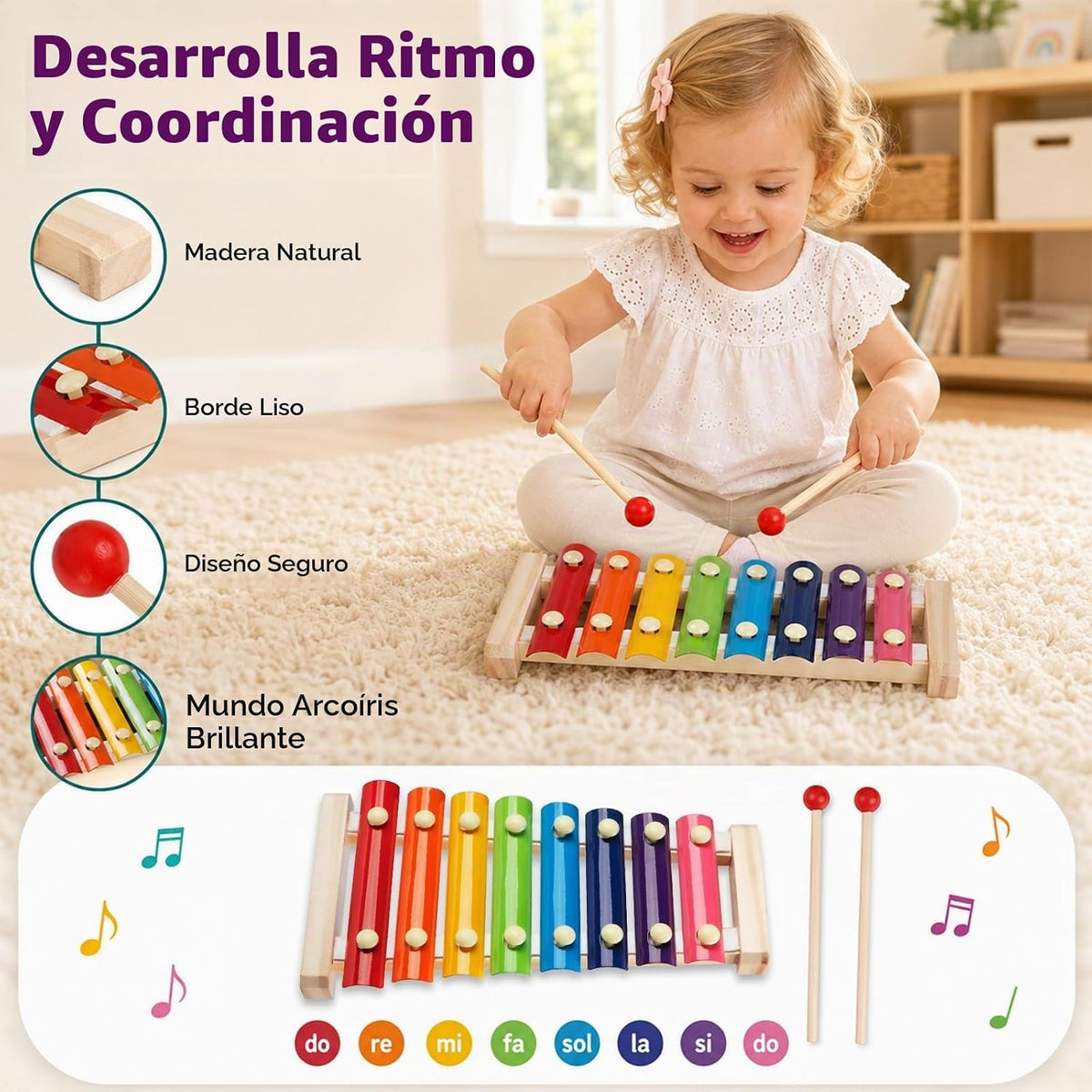 Set de Juguetes Montessori 6-en-1 para Bebés con Clasificador de Formas de Madera, Xilófono y Mordedor