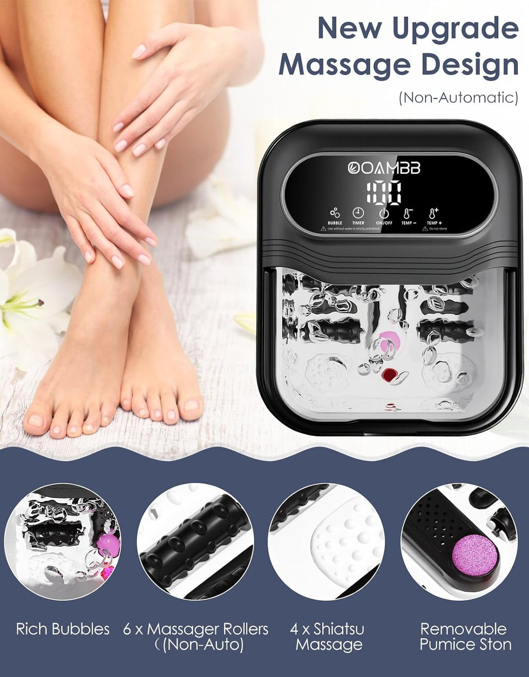 OOAMBB Spa de pies plegable con control de calor, burbujas y temper...