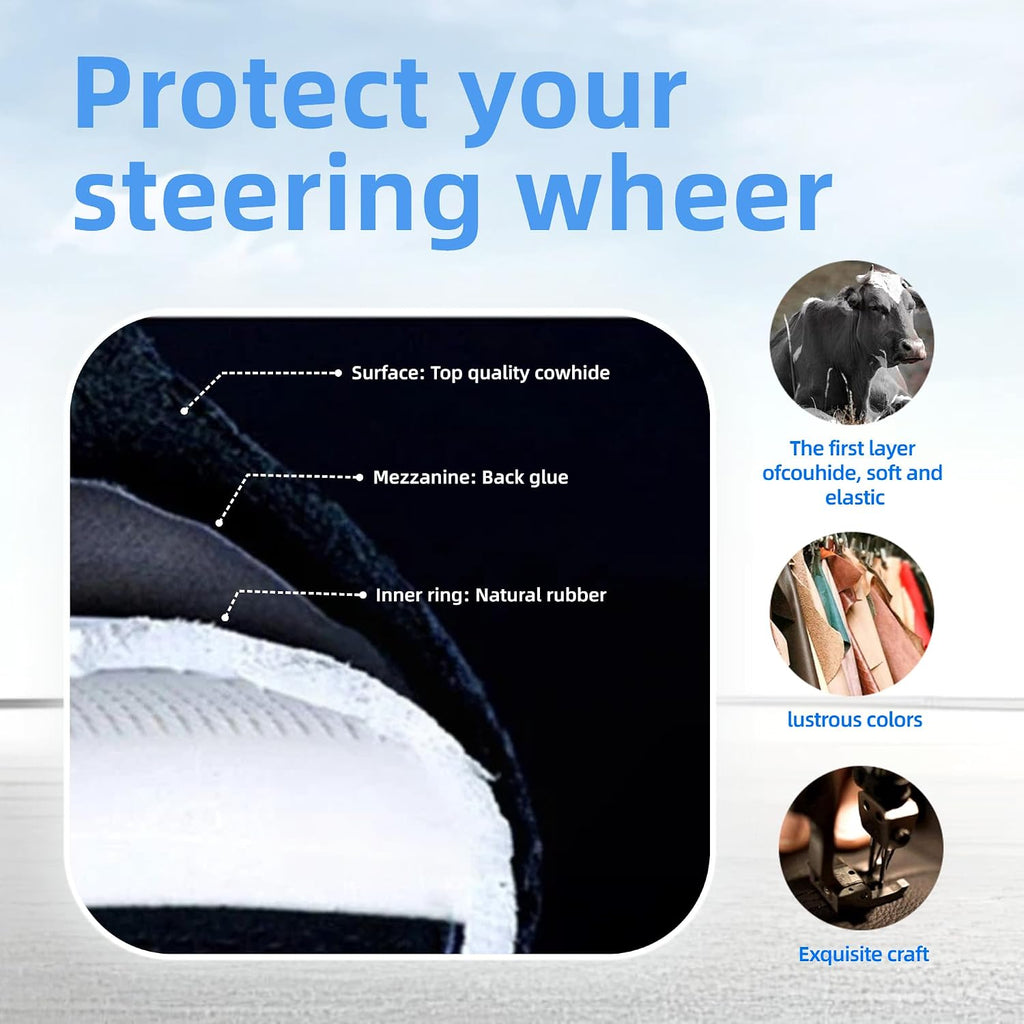 Funda de Volante de Cuero Negro Funda de Volante de Cuero de Vaca Cuero Genuino Funda de Volante para BMW Tamaño Universal M / 15 pulgadas Compatible con Coche/Auto/SUV (A-Negro-M)