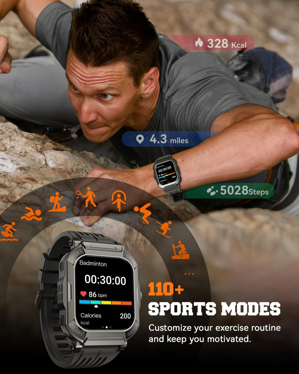 Reloj inteligente para hombre, rastreador de ejercicio: relojes digitales militares para hombre, Bluetooth, responder llamadas, correr, impermeable, teléfonos Android, iPhone, Samsung, monitor de sueño, podómetro