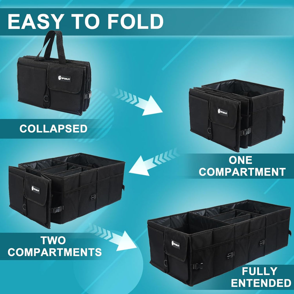 Organizador de maletero extragrande de 98 litros, plegable, con divisores extraíbles y correas de seguridad ajustables para automóvil, SUV, camioneta