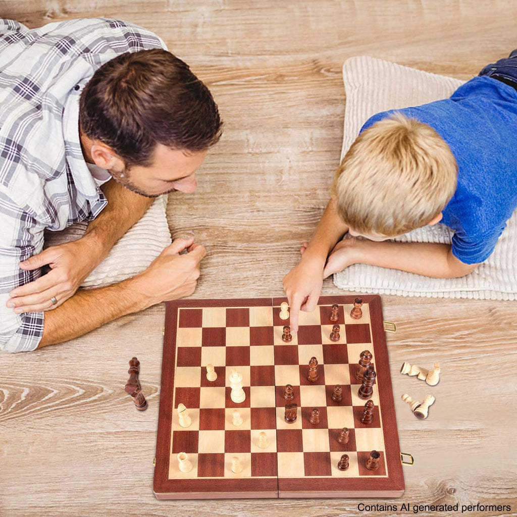 AMEROUS Juego de ajedrez y damas de madera magnética de 15 pulgadas (2 en 1), tablero plegable, caja de regalo, 24 piezas de alegría, 2 reinas adicionales, juego de ajedrez para principiantes para niños y adultos