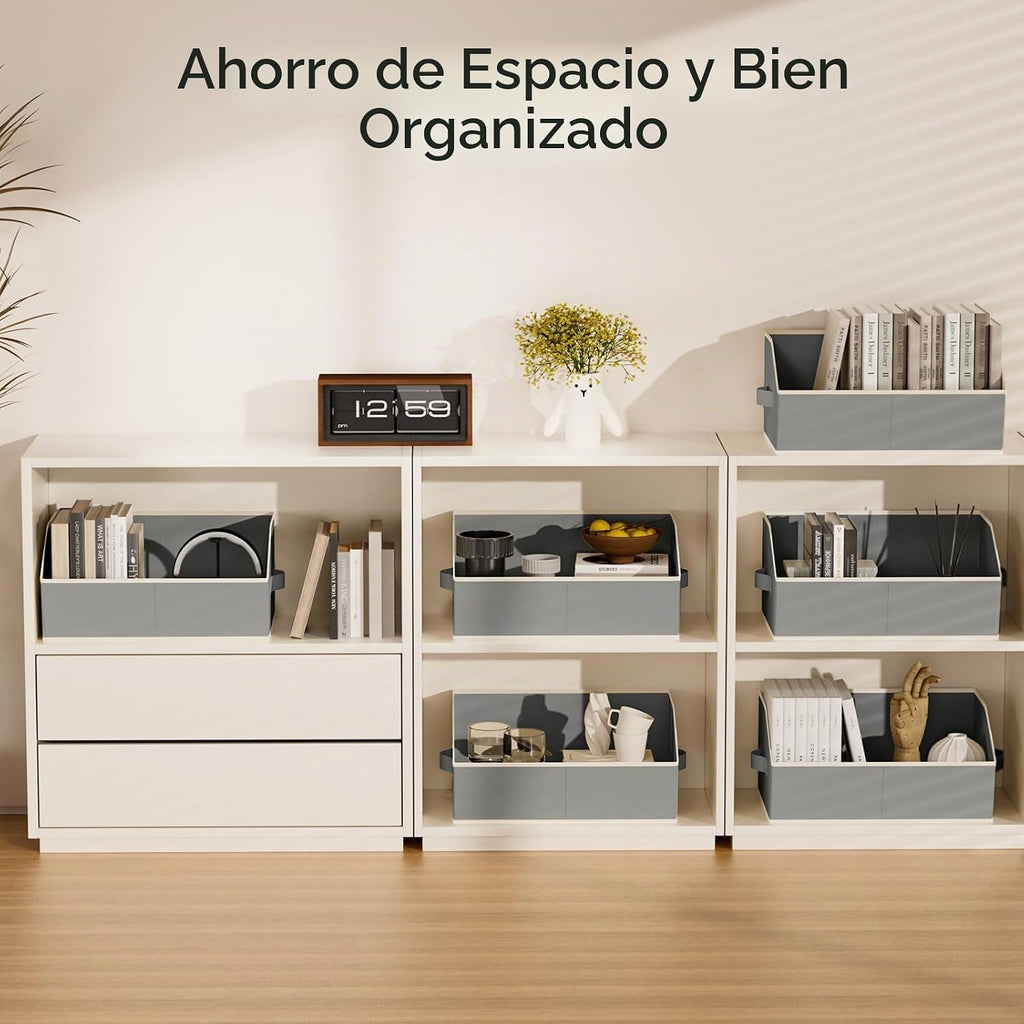 Organizadores de Closet Grandes y Cestas de Almacenamiento - Pack de 6 Cestas Trapezoidales para Estantes, Cestas de Tela Plegables con Asas Ideal para Closet, Cesta, Armario y Almacenamiento en Estantería, Gris