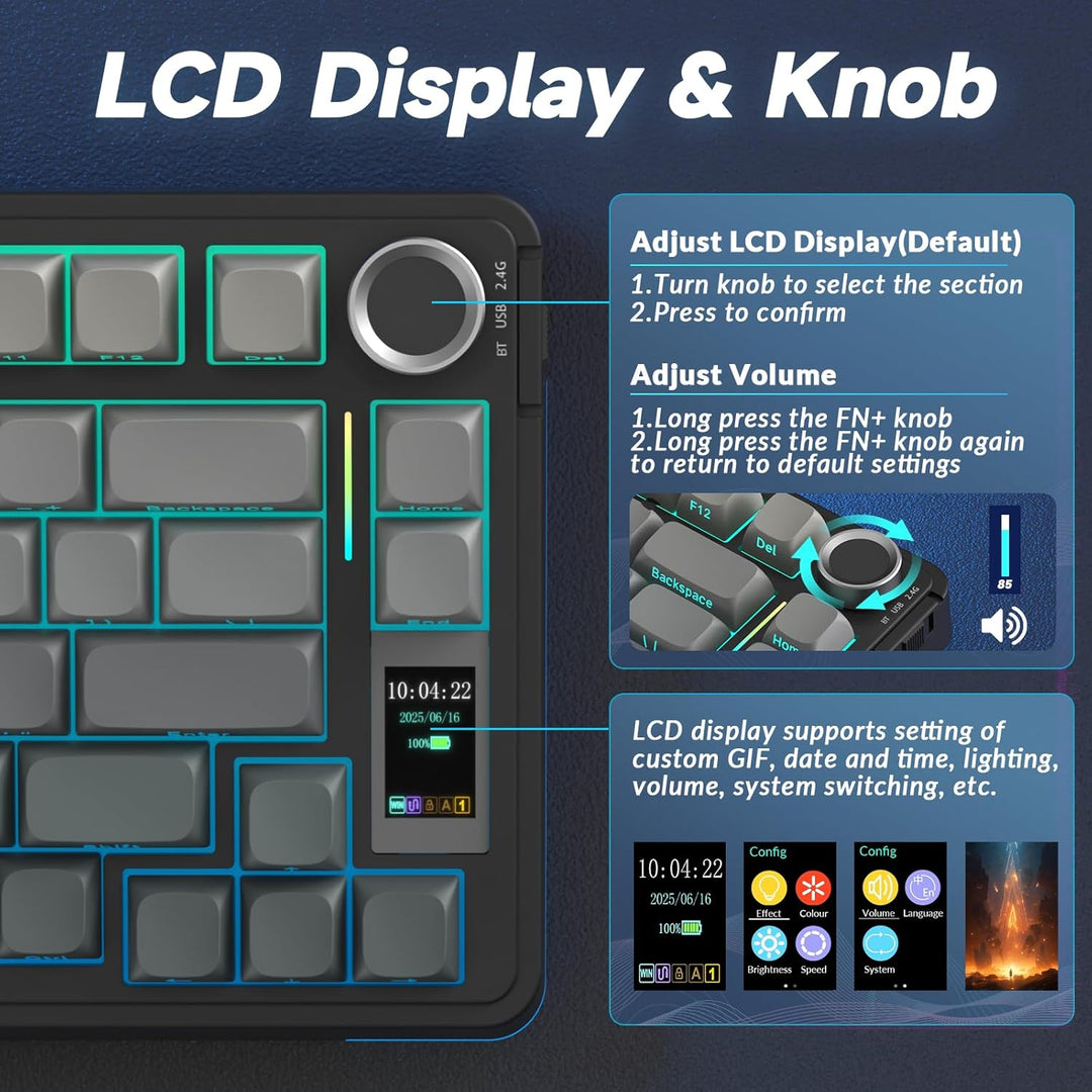AULA Teclado mecánico inalámbrico S75 PRO con pantalla y perilla, t...