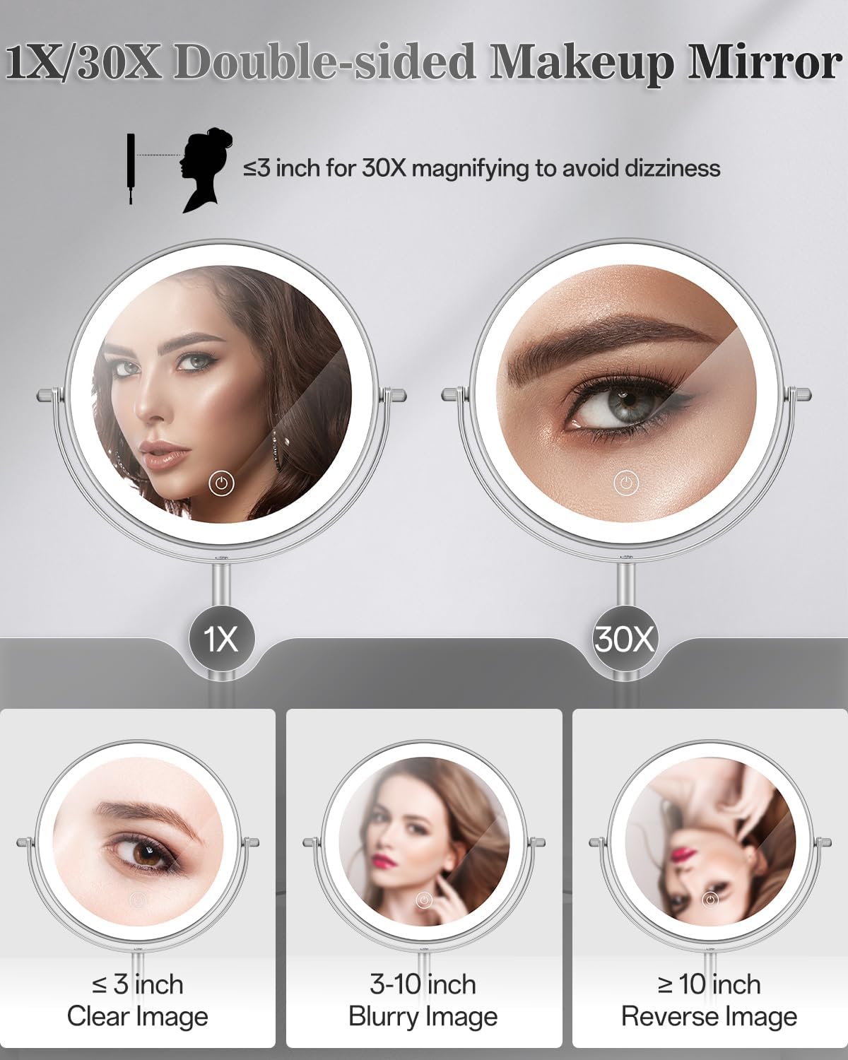 Espejo de maquillaje iluminado de 8 pulgadas con luz, espejo ajustable de