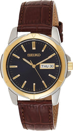 SEIKO SUR360 Reloj automático para hombre - Esenciales - Esfera de carbón - Caja de acero inoxidable con acabado dorado, correa de cuero, resistente al agua 164 ft