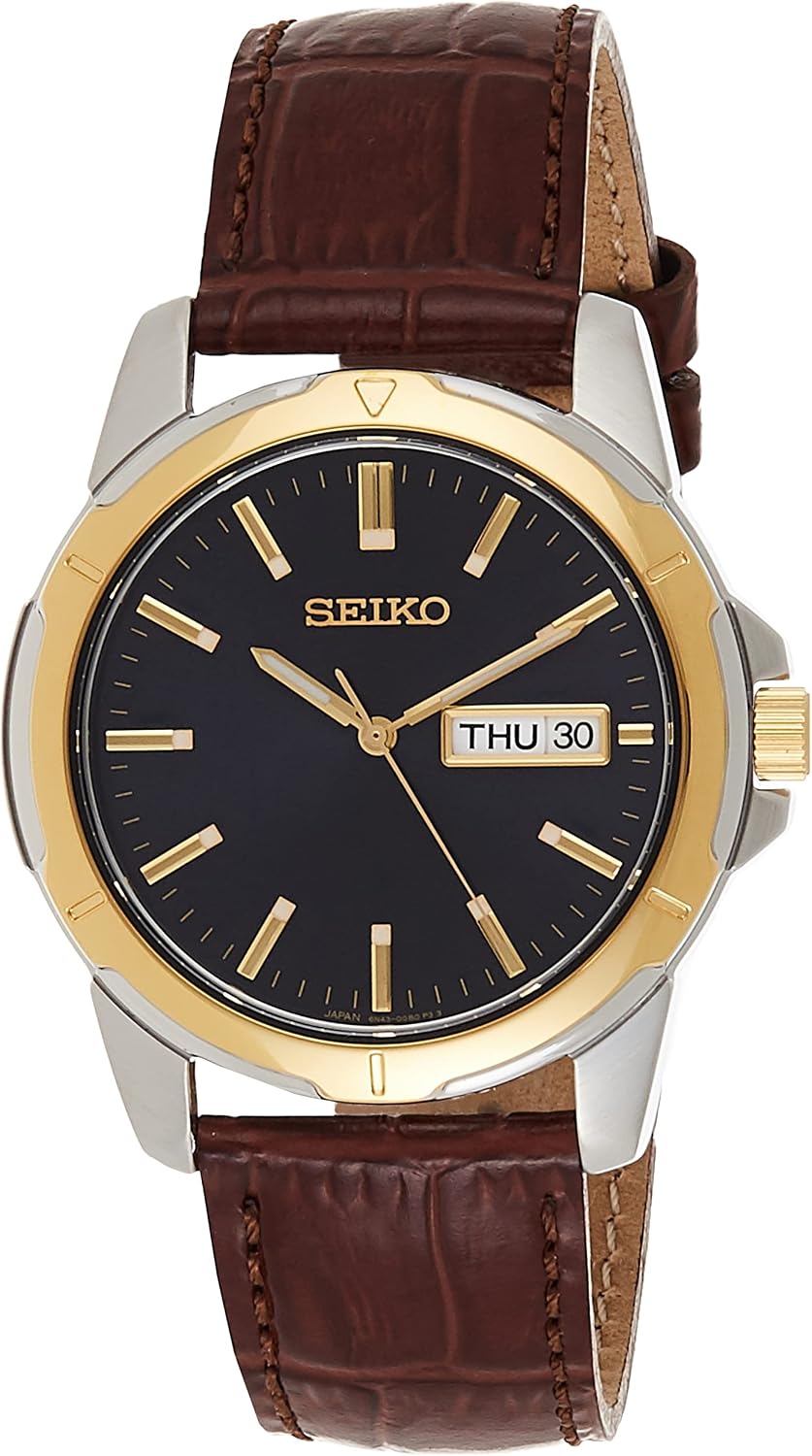 SEIKO SUR360 Reloj automático para hombre - Esenciales - Esfera de carbón - Caja de acero inoxidable con acabado dorado, correa de cuero, resistente al agua 164 ft