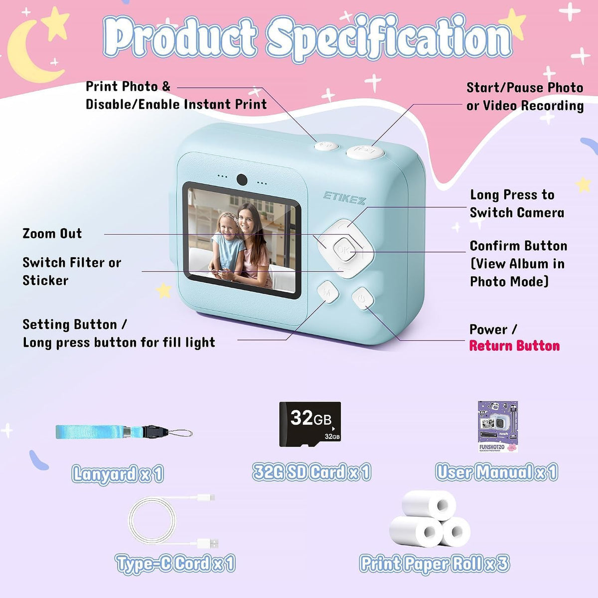 Cámara de impresión instantánea para niños, 1080P con tarjeta de 32
