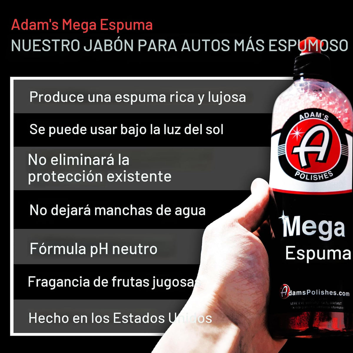 Adam's Mega Foam (5 galones) – pH neutro, ultra concentrada para cañón de espuma, pistola de pulverización de espuma o cubeta – Seguro para cera, selladores y revestimiento cerámico – Limpiador de