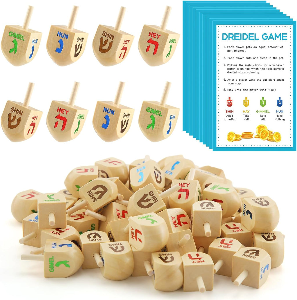 Wettarn 100 piezas de dreidels de Hanukkah a granel Dreidels de madera de Hanukkah con tarjetas de instrucciones del juego para el juego de fiesta (Tamaño 1, estilo clásico)