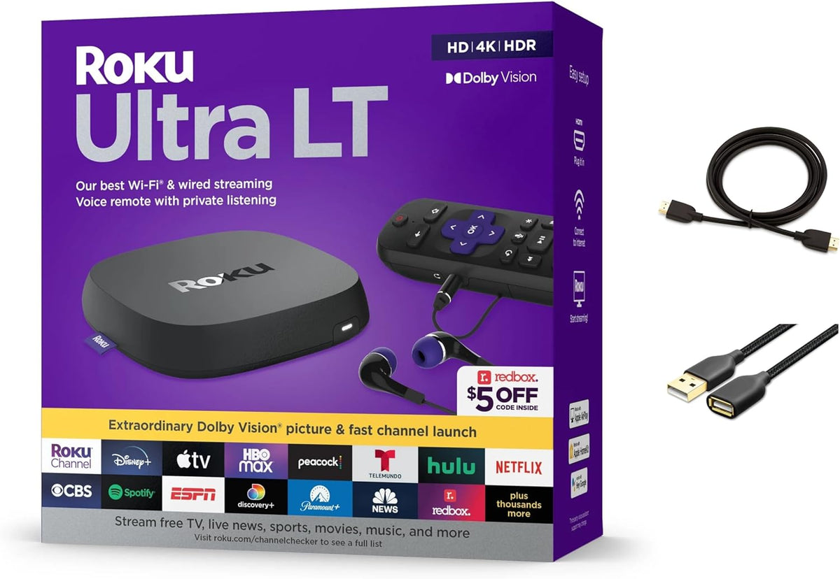 Roku Ultra LT Dispositivo de streaming 4K/HDR/Dolby Vision/Wi-Fi de doble banda con control por voz Roku y cable HDMI, con cable HDMI MTC y cable de extensión USB