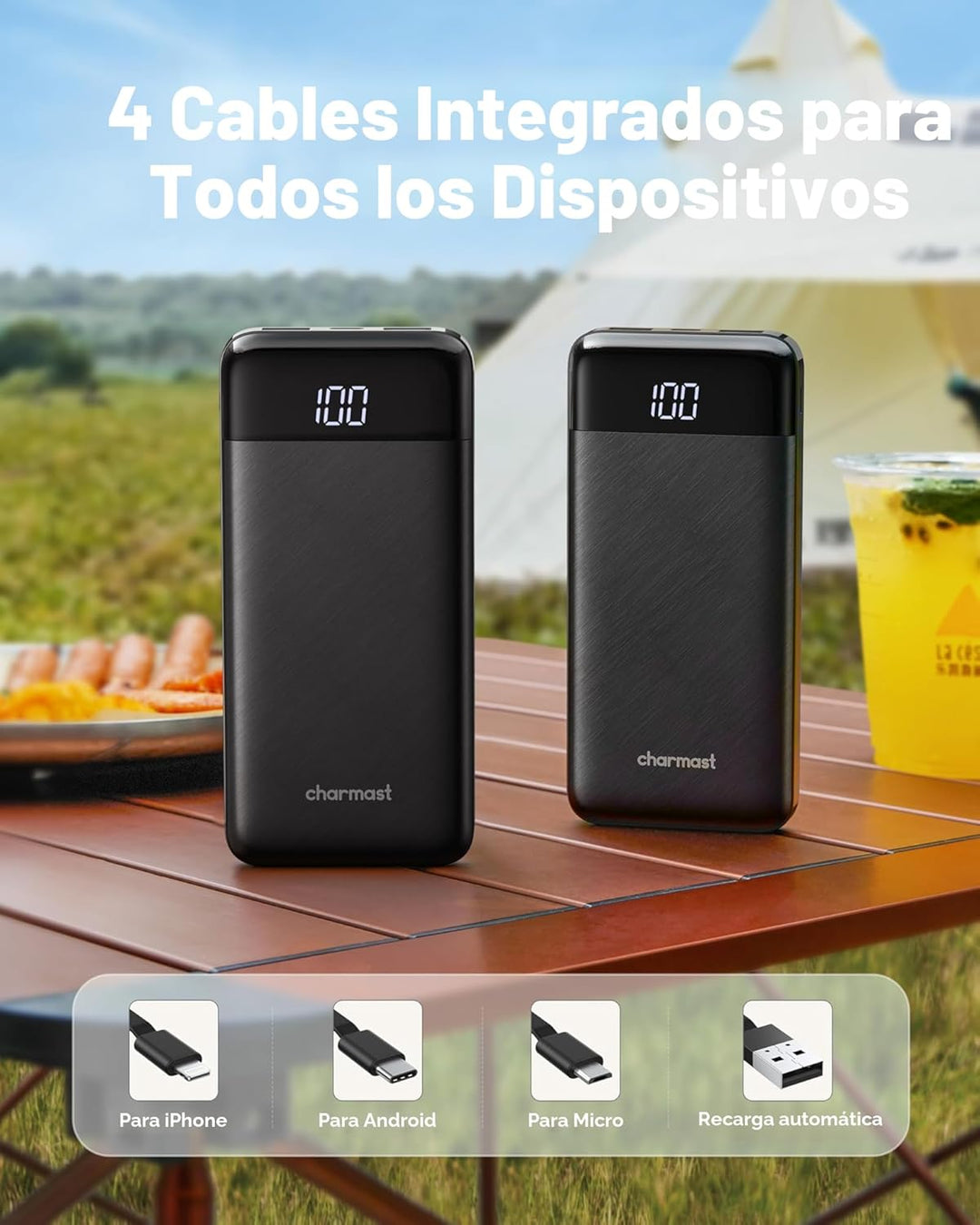 charmast Cargador portátil con cables incorporados, banco de energí...