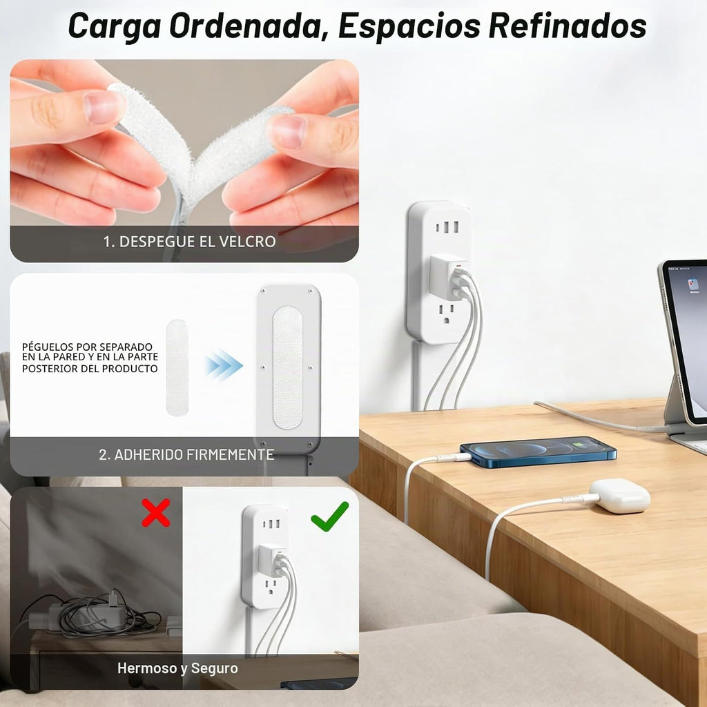 Extensor de Enchufe Eléctrico - Cuenta con USB-A, USB-C y 2 Tomas de CA, se Extiende 22"-34" (56-86 cm), Gira 180° para Acceder a Enchufes de Difícil Acceso, Expansor de Enchufe de Pared para Mesitas