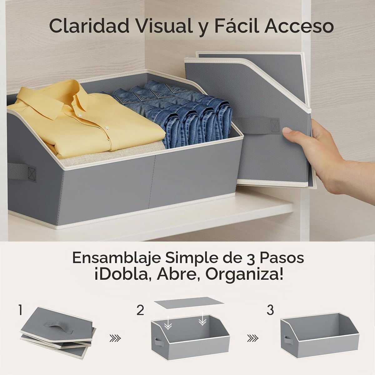 Organizadores de Closet Grandes y Cestas de Almacenamiento - Pack de 6 Cestas Trapezoidales para Estantes, Cestas de Tela Plegables con Asas Ideal para Closet, Cesta, Armario y Almacenamiento en Estantería, Gris