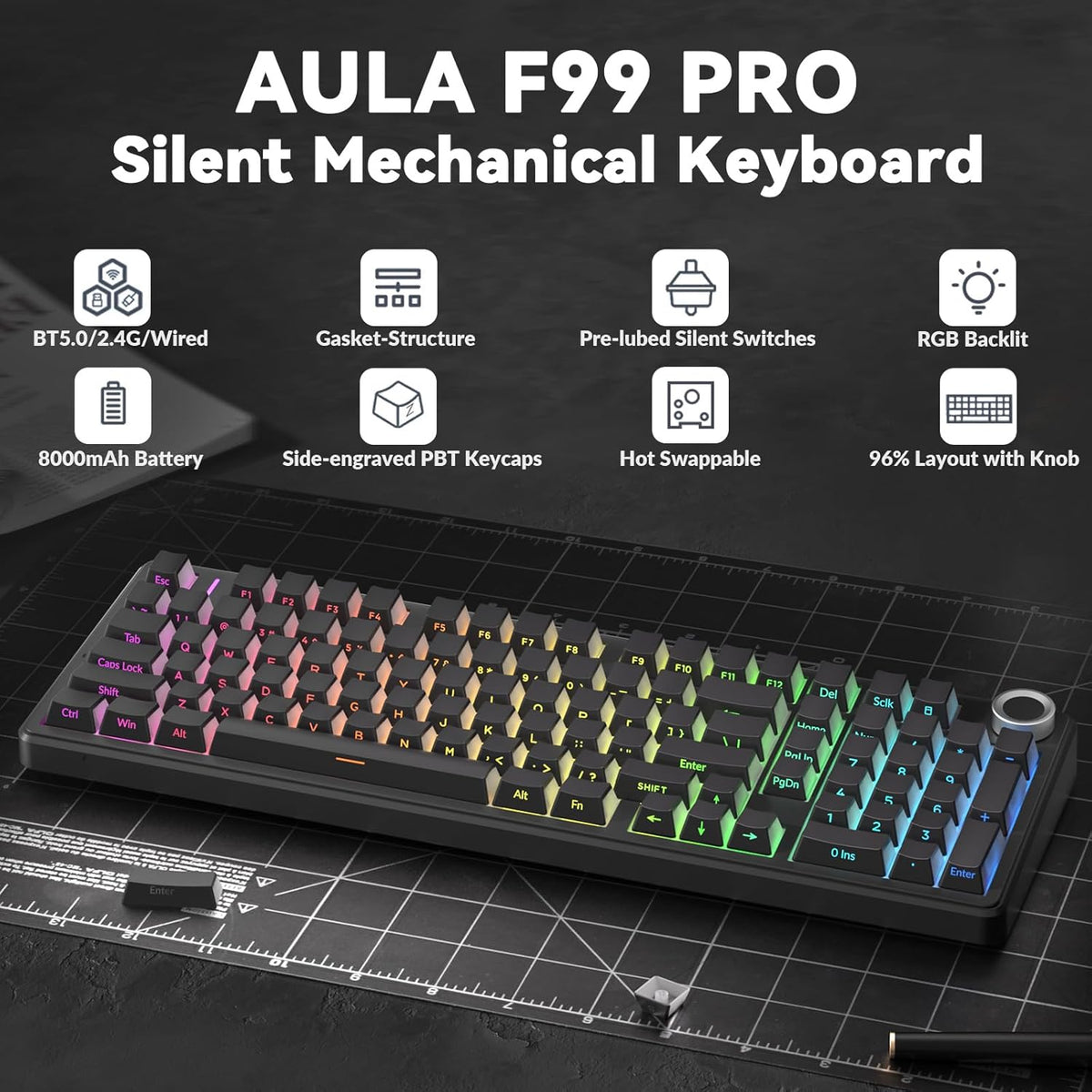 AULA F99 Pro Teclado mecánico inalámbrico - Versión silenciosa, BT5...