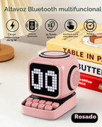 Altavoz Bluetooth 5 en 1 de robot retro: cargador inalámbrico de 15 W, pantalla LED de píxeles, sonido estéreo de 10 W y 15 ruido blanco, reloj despertador, lindo altavoz inalámbrico portátil para