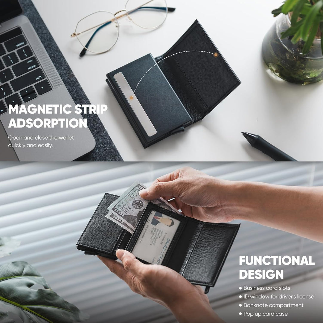 VULKIT Cartera desplegable de piel con bloqueo RFID para tarjetas d...