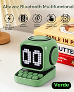 Altavoz Bluetooth 5 en 1 de robot retro: cargador inalámbrico de 15 W, pantalla LED de píxeles, sonido estéreo de 10 W y 15 ruido blanco, reloj despertador, lindo altavoz inalámbrico portátil para