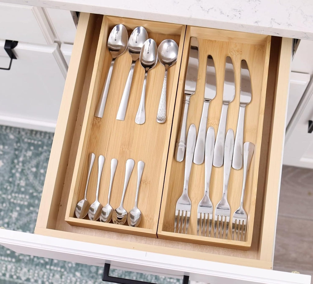 Fabsome Organizador de Cajón de Utensilios de Cocina, Contenedores Organizadores de Cubiertos de Plata de Bambú, Bandejas de Almacenamiento de Contenedores de Madera para Tocador de Baño Cajón de
