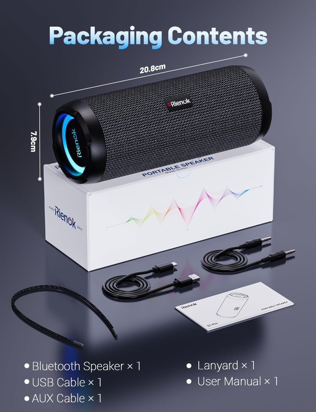RIENOK - Bocina Bluetooth 5.3 portátil de 30W, emparejamiento dual,...