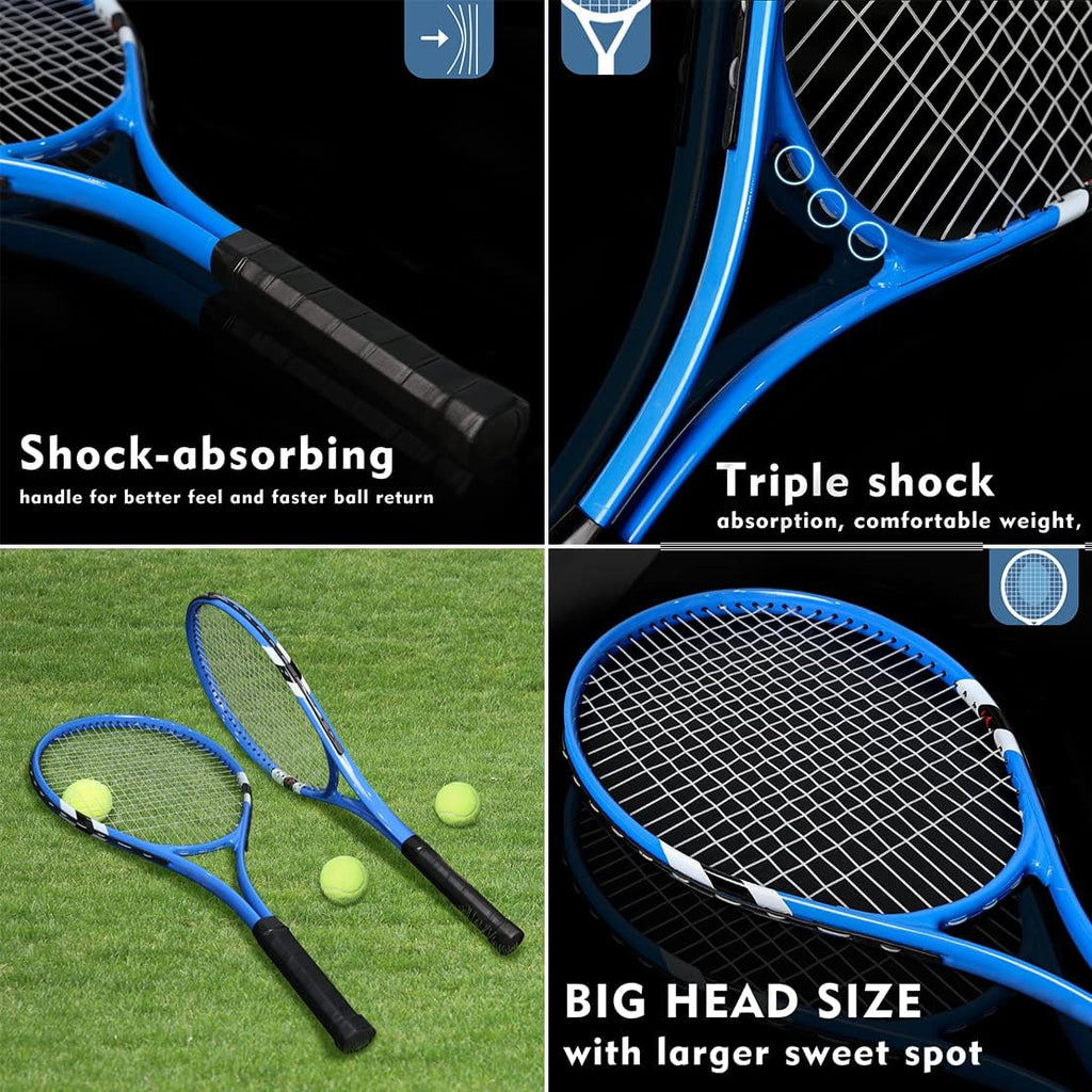 Raquetas de tenis para 2 jugadores recreativas para principiantes, juego de raquetas adultas ligeras preencordadas de 27 pulgadas para mujeres y hombres con pelotas de tenis, sobreagarres y bolsa de