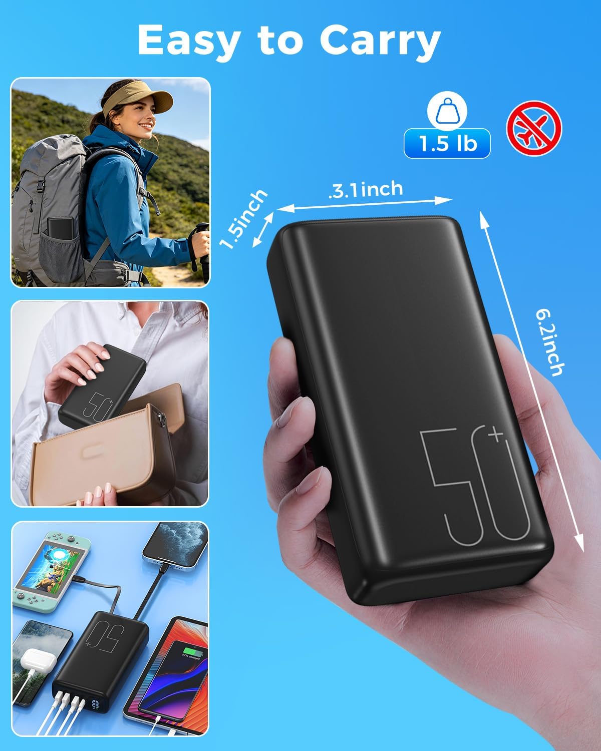 Eliegntist Cargador portátil de 51000 mAh con cables USB-C y Lightn...