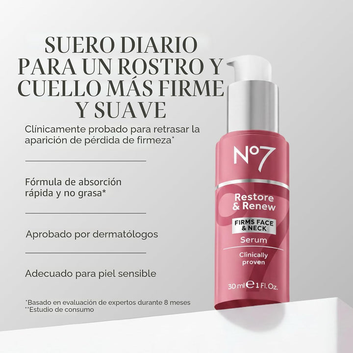 No7 Restore &amp; Renew - Suero multiacción para rostro y cuello, s...