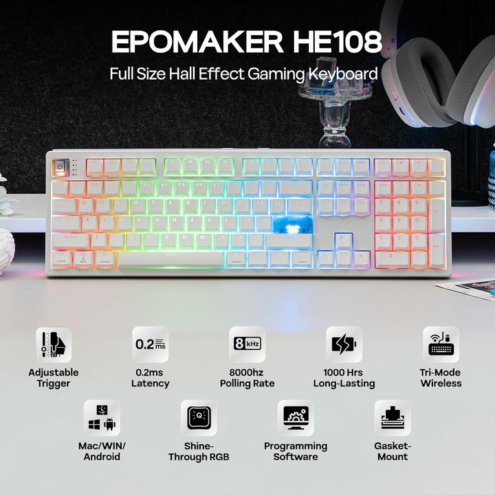 EPOMAKER HE108 Wireless Gaming Keyboard, 8K Polling &amp; 10000mAh,...