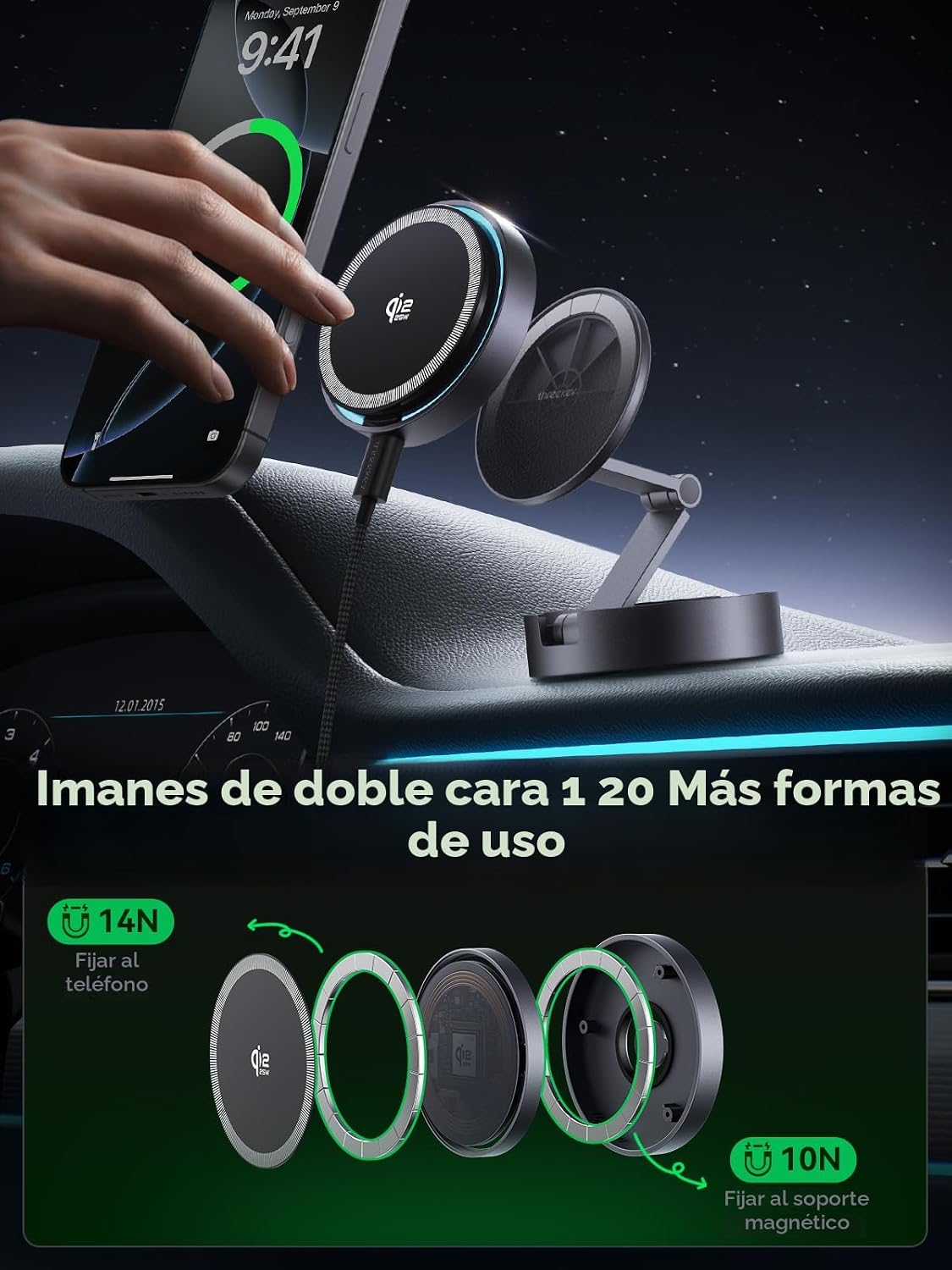 Cargador magnético para montaje en coche Lite Qi2 25W de carga con