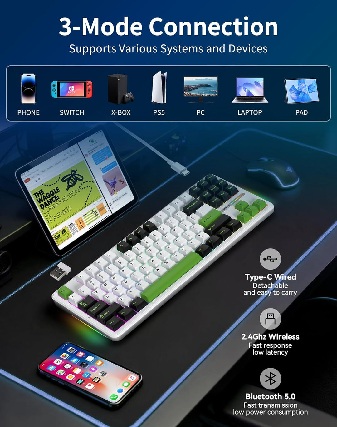 Aula F87 Pro - Teclado mecánico inalámbrico, 87 teclas TKL Tri-Mode...