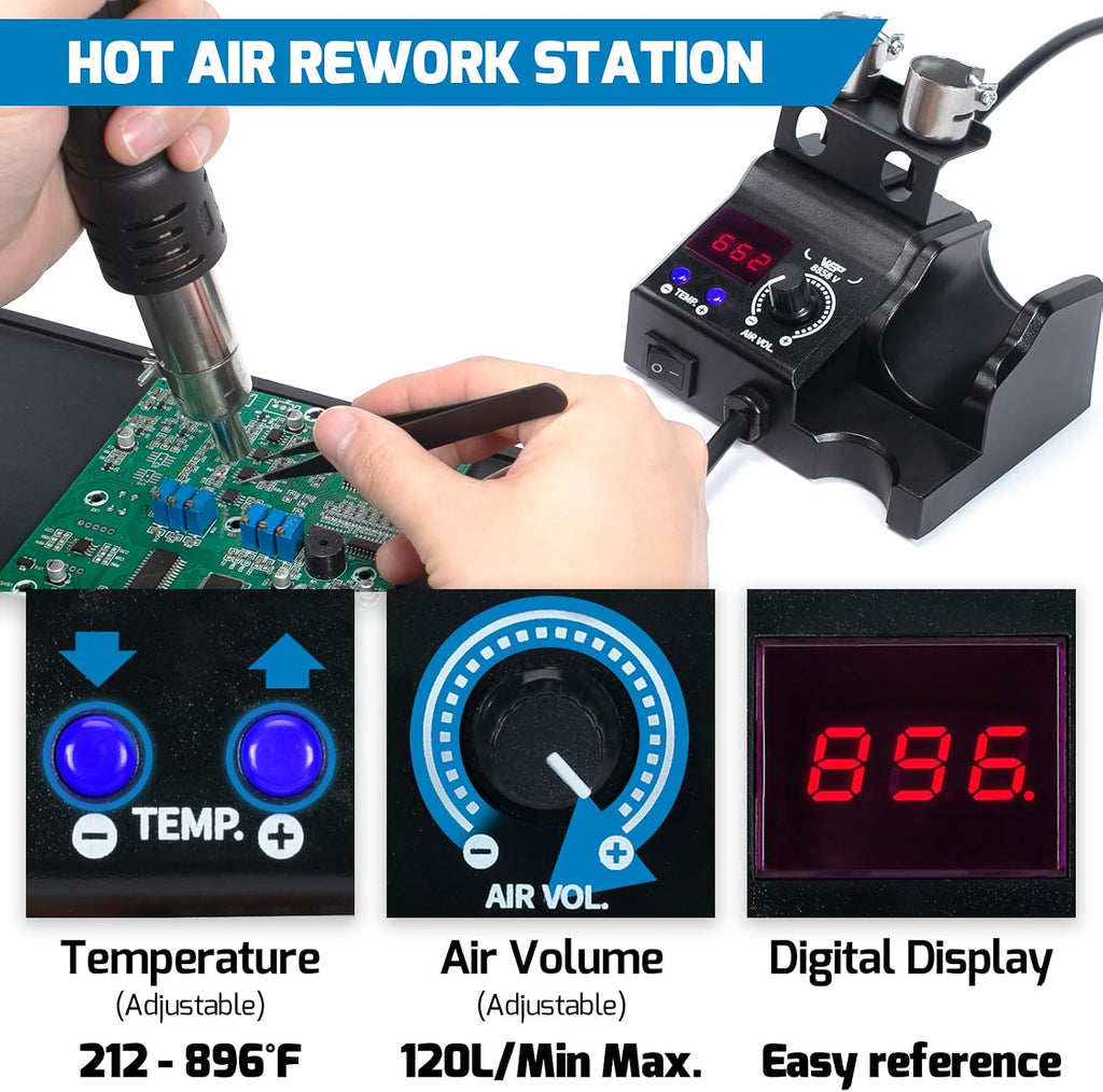 WEP Kit de estación de retrabajo de aire caliente 8858-V con tamaño compacto, soporte de boquilla integrado, 3 boquillas, 2 pinzas, temperatura ajustable y volumen de aire, programa PID, conversión de