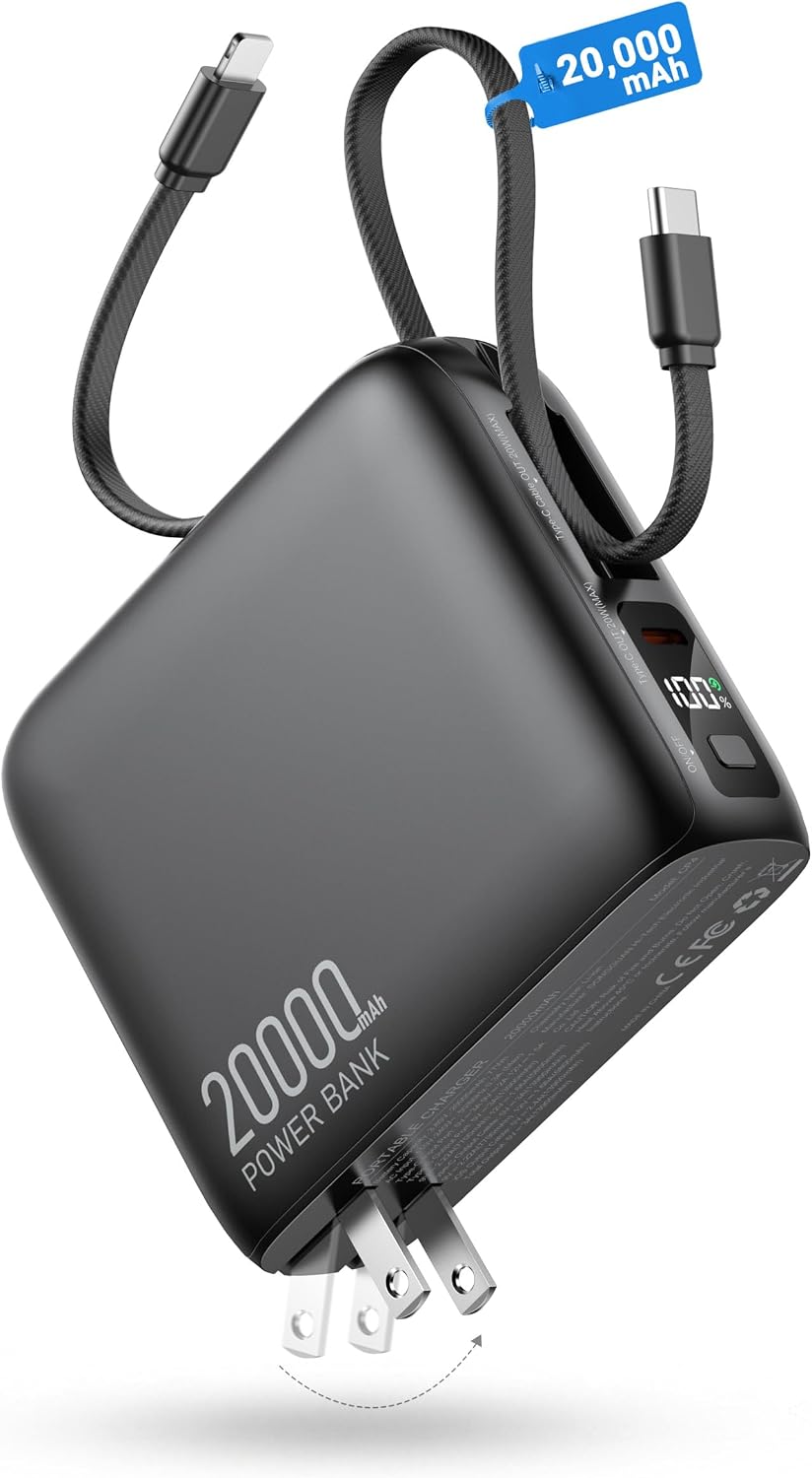 Cargador portátil 20000mAh, 22.5W Power Bank Cables integrados, Dark Gray, 20000 milliamp_hours