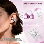 2026 Gran regalo con clip en auriculares con diseño de corazón y aretes de mariposa desmontables, auriculares inalámbricos Bluetooth 6.0 para mujer, IPX6 impermeable, tiempo de reproducción de