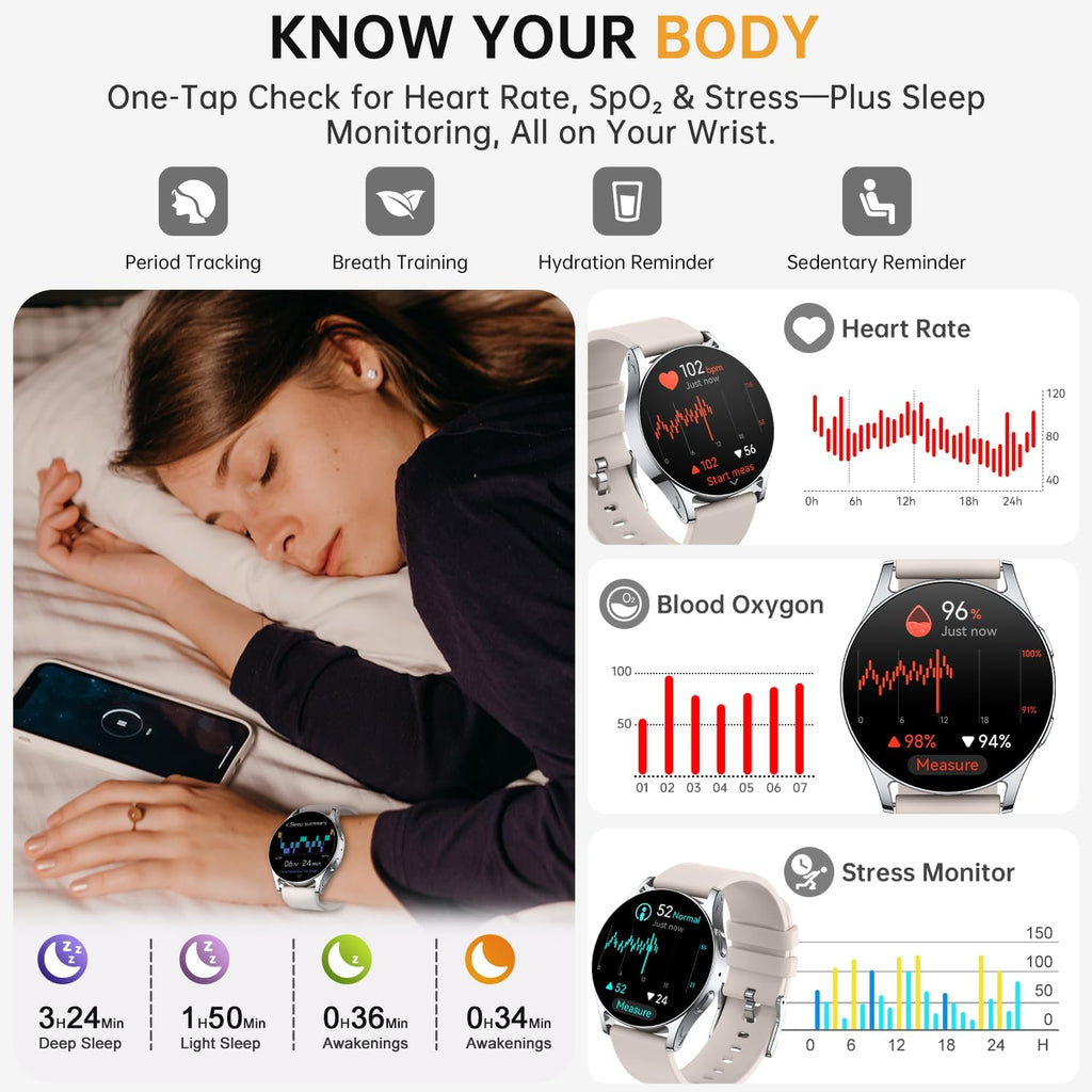 Reloj inteligente para mujeres y hombres, rastreador de actividad AMOLED de 1.614 in para Android iPhone con pantalla siempre encendida, más de 150 deportes, contador de calorías y pasos, monitor de sueño, responder/hacer llamadas (luz de estrellas)